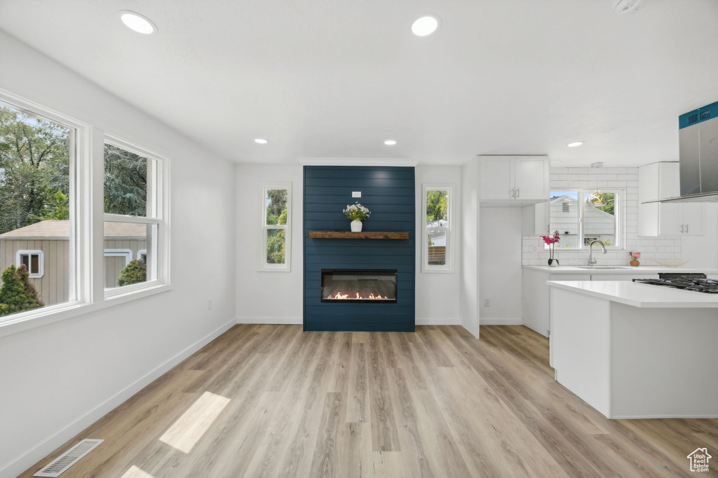 Kitchen with a healthy amount of sunlight and light hardwood / wood-style floors