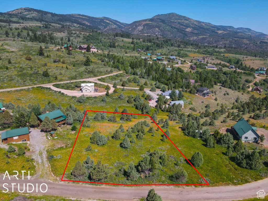 Birds eye view of property with a mountain view