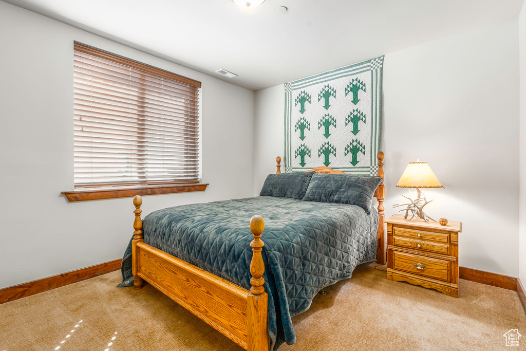 Bedroom featuring carpet floors, visible vents, and baseboards