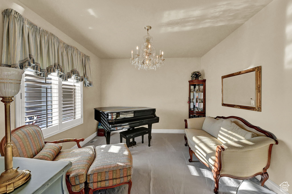 Living area featuring a chandelier