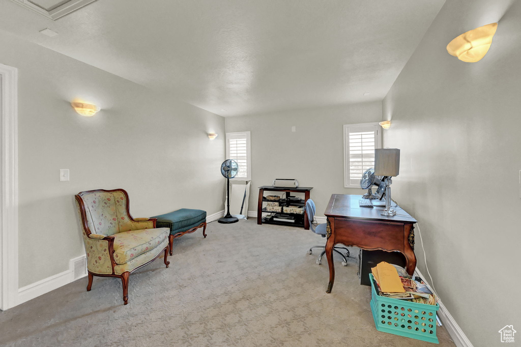 Living area with carpet flooring