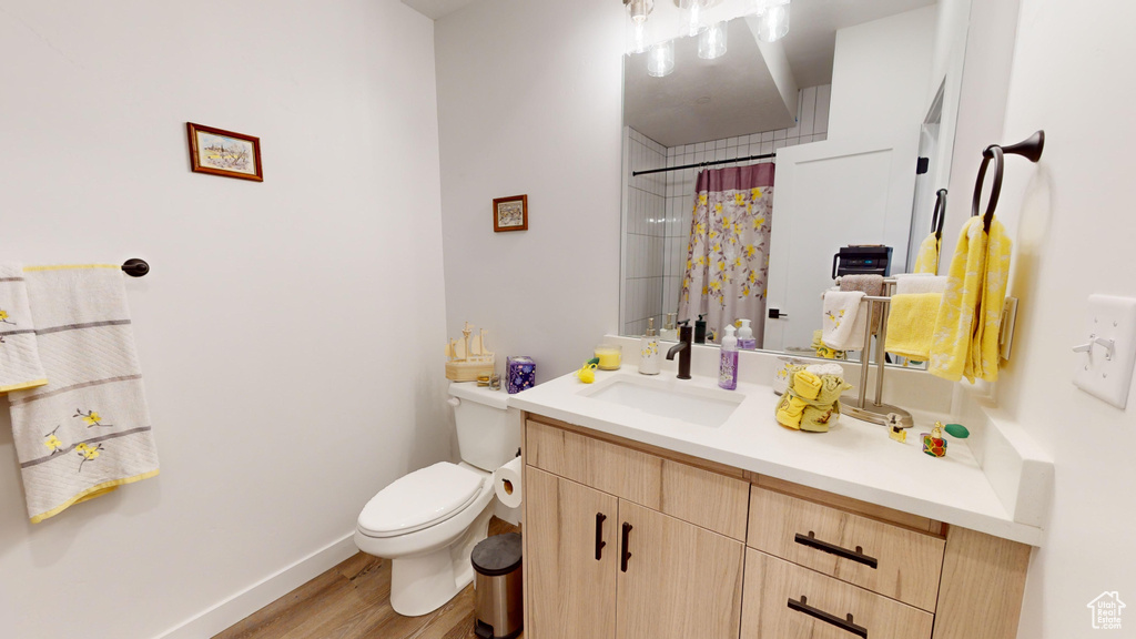 Bathroom featuring vanity, wood-type flooring, and toilet