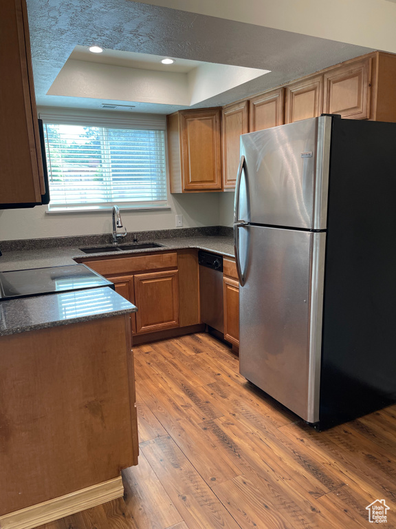 Kitchen with stainless steel appliances, light hardwood / wood-style floors, a raised ceiling, and sink