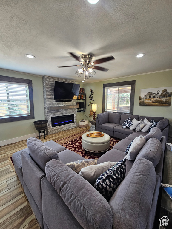 Living room featuring ceiling fan, a fireplace, hardwood / wood-style flooring, and a textured ceiling