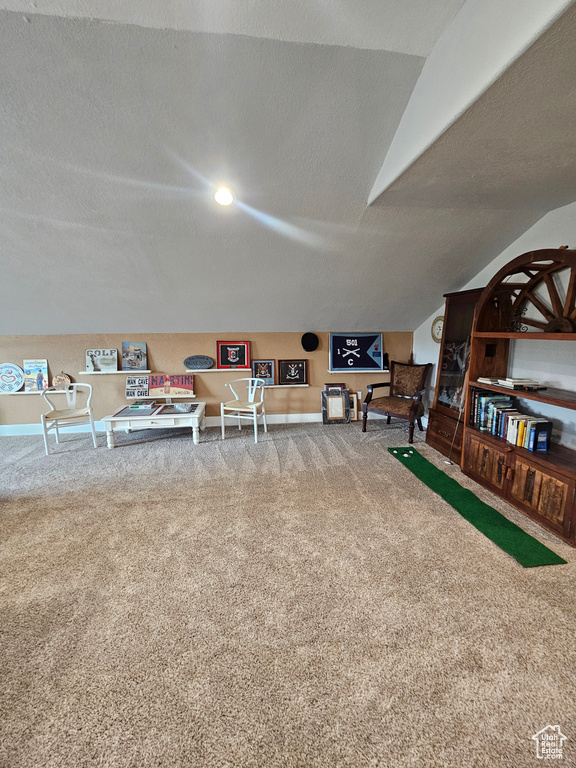 Recreation room featuring carpet flooring, a textured ceiling, and vaulted ceiling