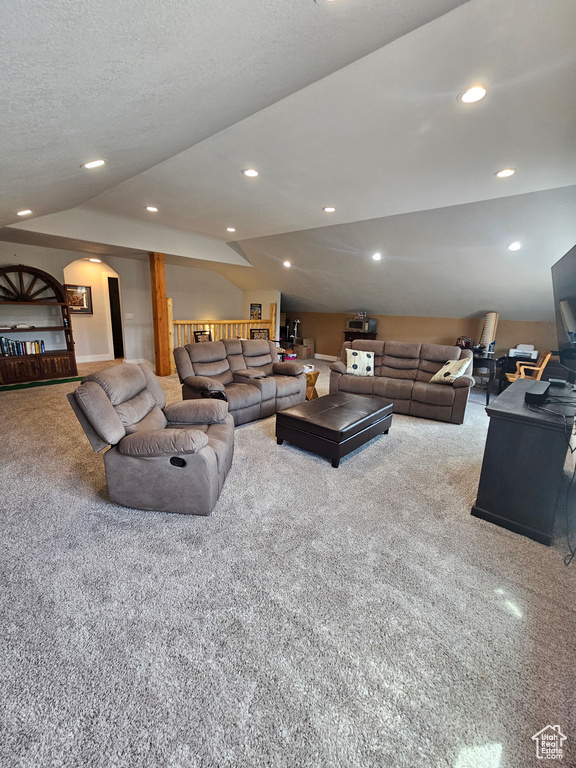 Carpeted living room with a textured ceiling and vaulted ceiling