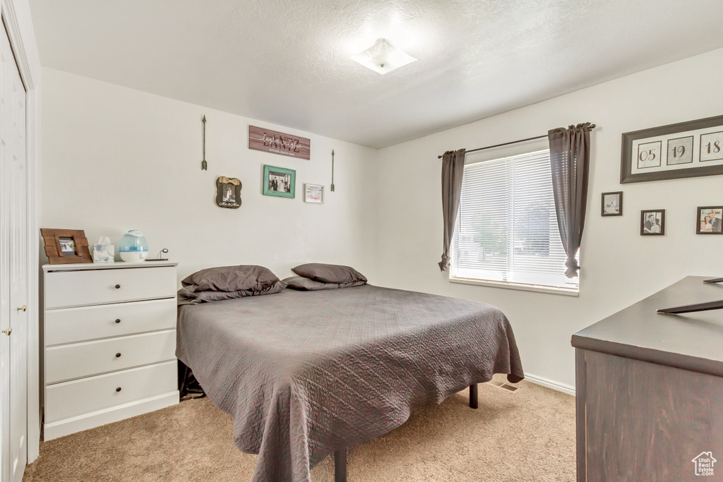 Bedroom featuring light colored carpet