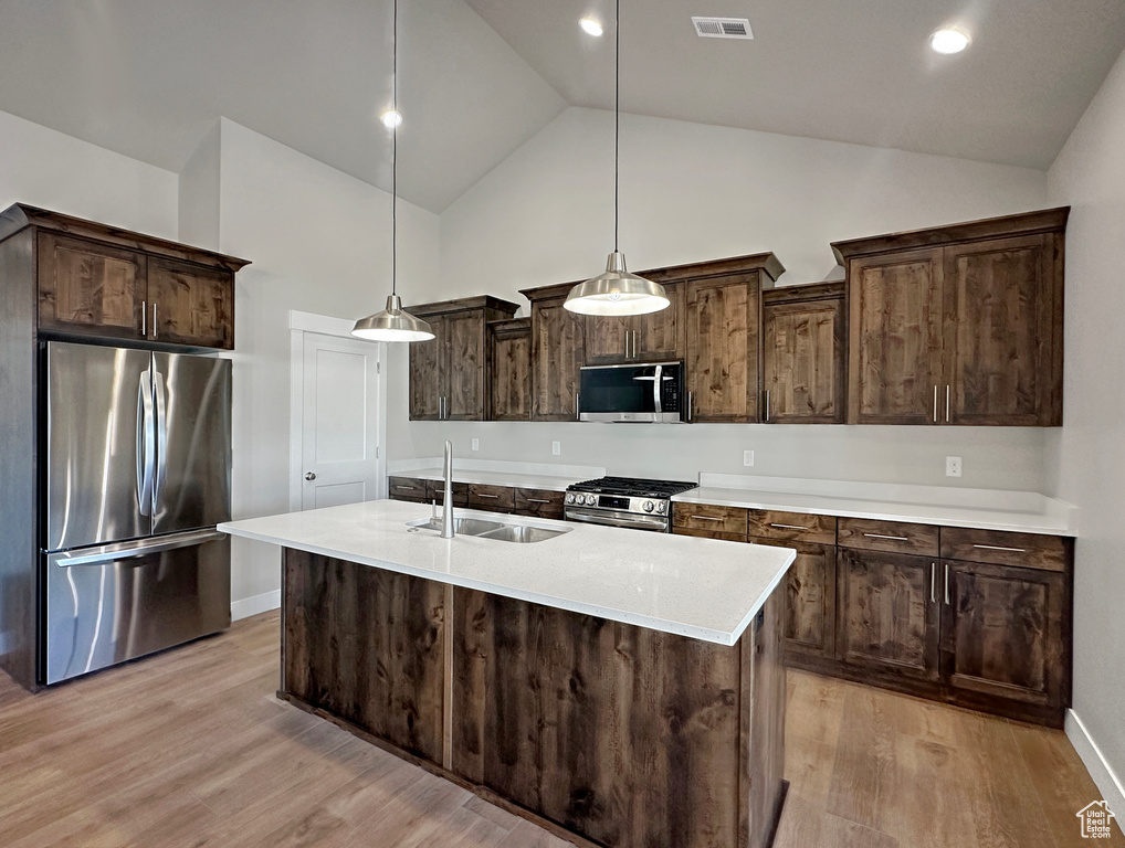 Kitchen featuring stainless steel appliances, hanging light fixtures, light wood-type flooring, and dark brown cabinets