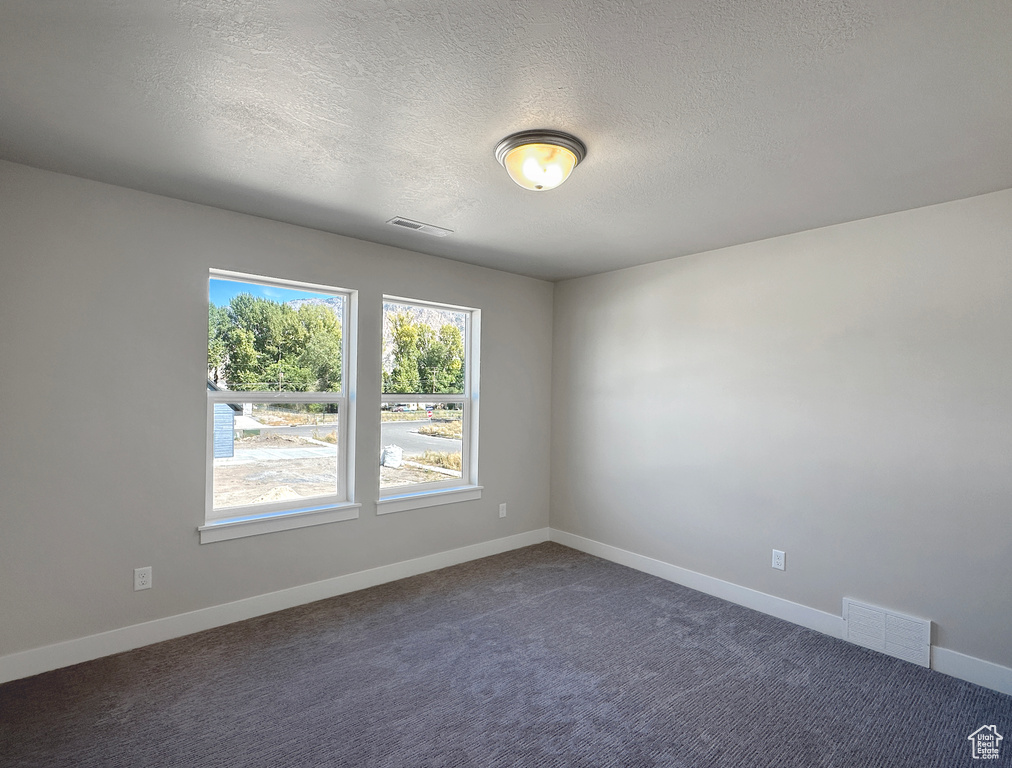 Spare room featuring dark carpet and a textured ceiling