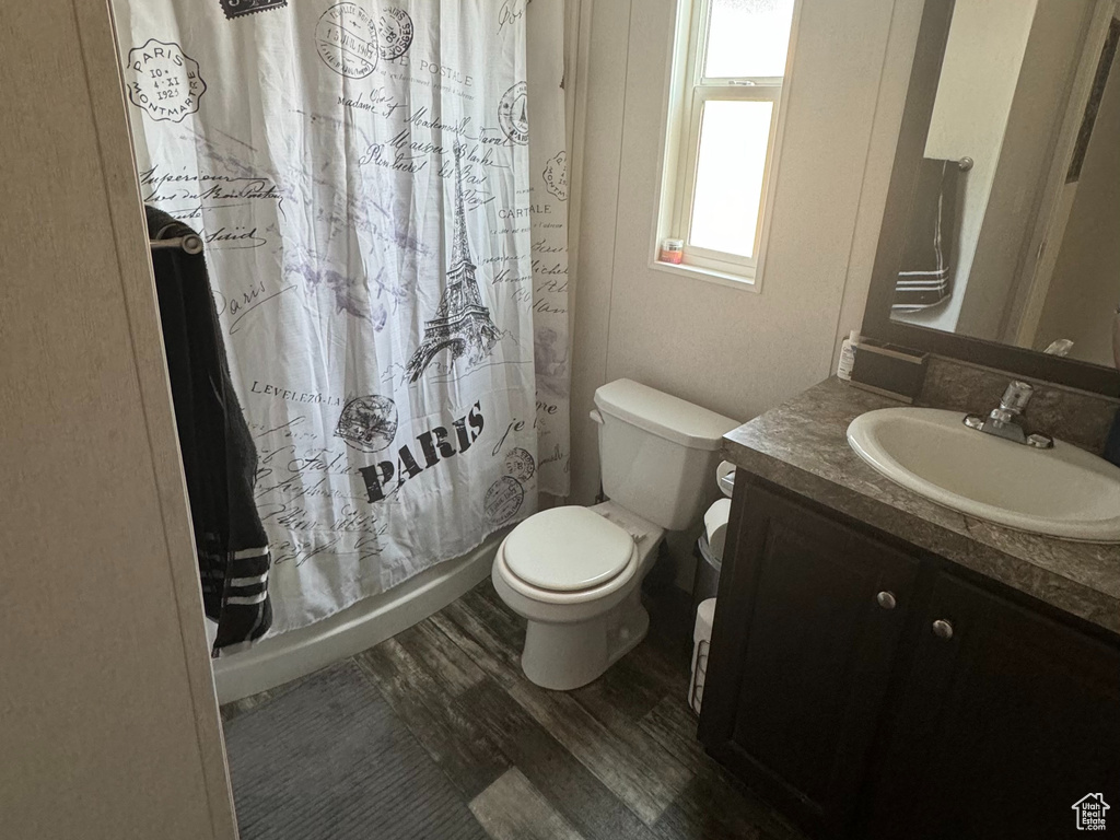 Bathroom with wood-type flooring, crown molding, toilet, and vanity