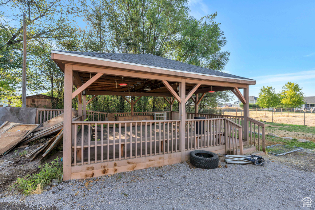 Exterior space featuring a deck and a gazebo