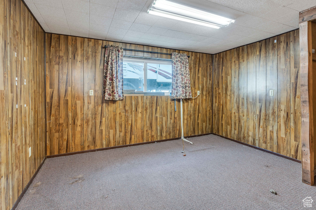 Empty room featuring carpet and wooden walls