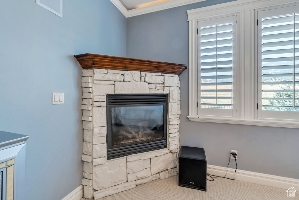 Interior details featuring ornamental molding, carpet flooring, and a stone fireplace