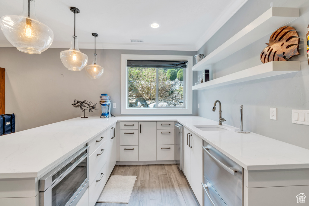 Kitchen with stainless steel dishwasher, decorative light fixtures, light wood-type flooring, ornamental molding, and sink