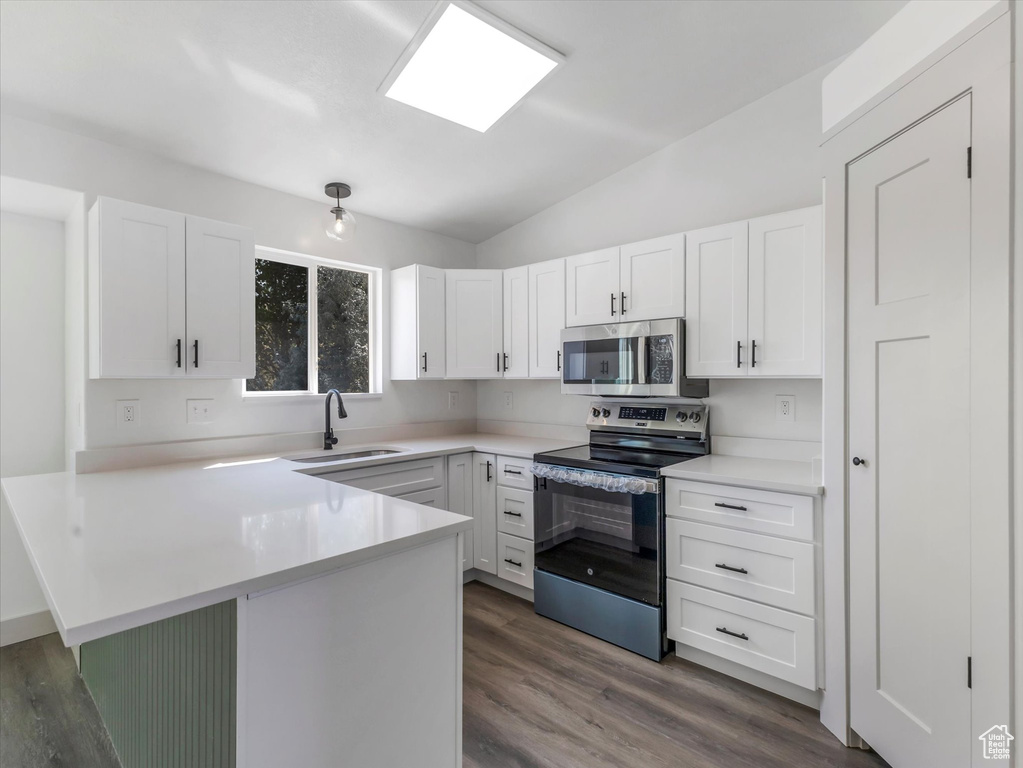 Kitchen with sink, appliances with stainless steel finishes, dark hardwood / wood-style flooring, and white cabinets