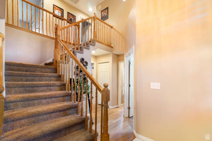 Stairs featuring hardwood / wood-style flooring and a high ceiling