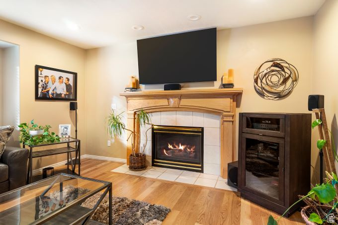 Living room featuring a fireplace and light wood-type flooring