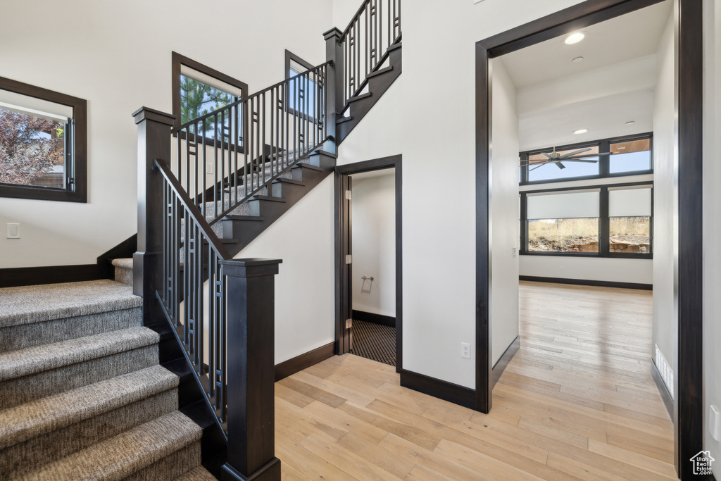 Staircase featuring light hardwood / wood-style flooring and ceiling fan