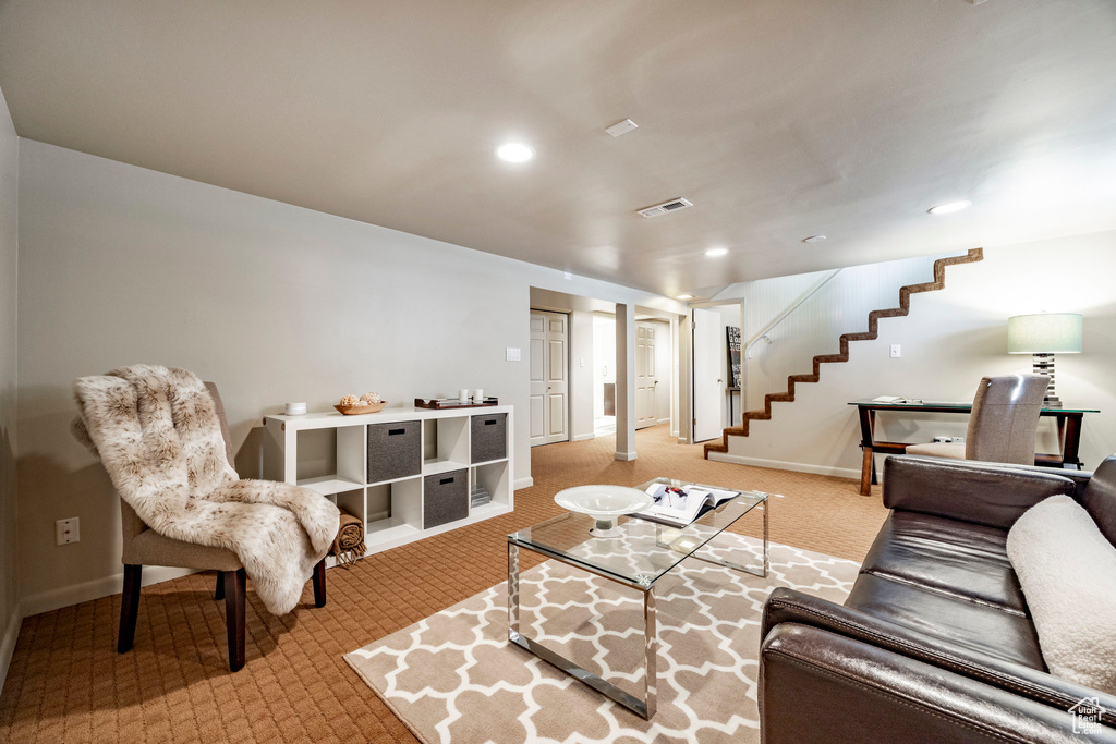 Living room with light carpet