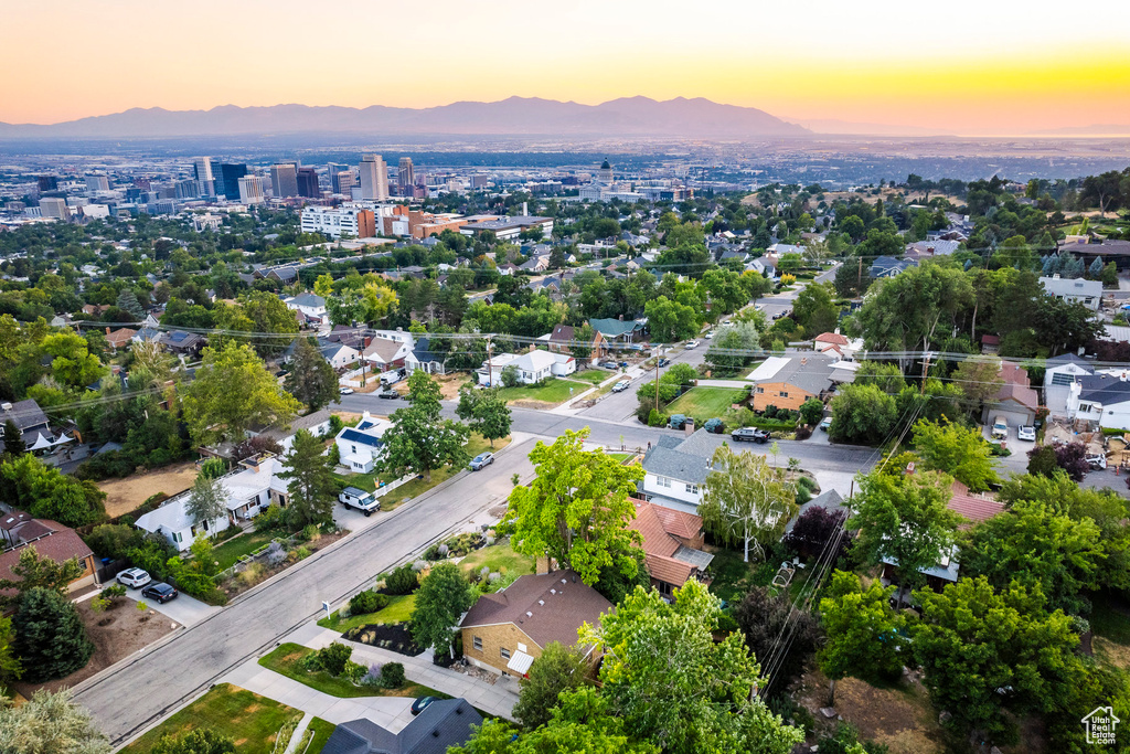 Aerial view at dusk with a mountain view