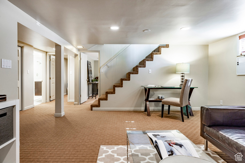 Living room with light colored carpet