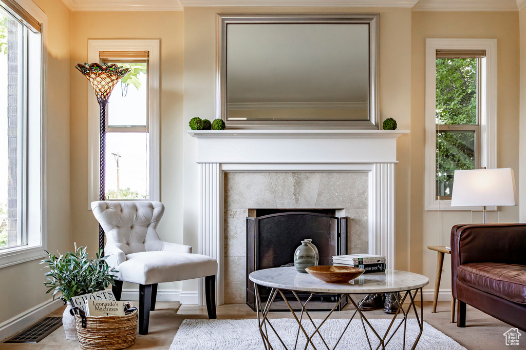 Living area featuring plenty of natural light and ornamental molding