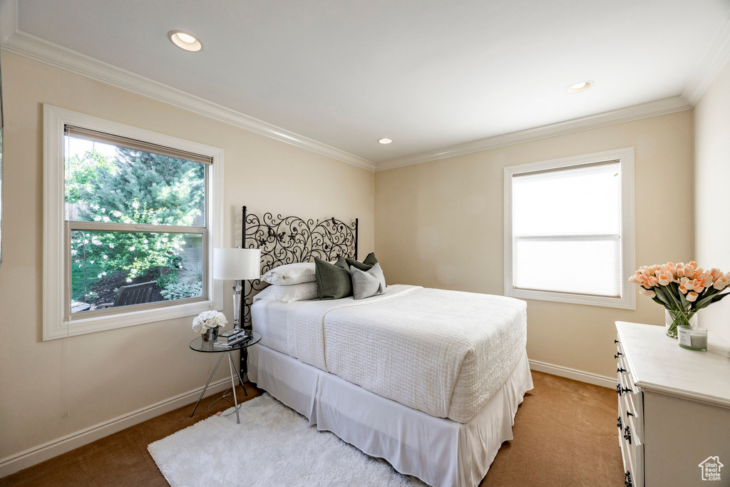 Bedroom with carpet and crown molding