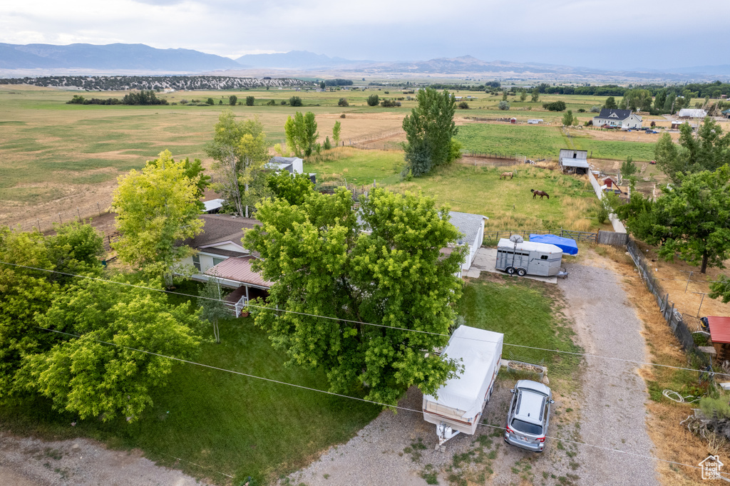 Drone / aerial view featuring a mountain view and a rural view