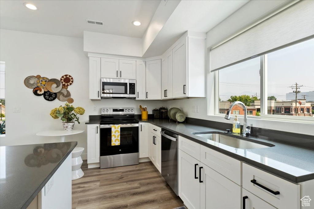 Kitchen featuring white cabinetry, sink, stainless steel appliances, and dark hardwood / wood-style flooring