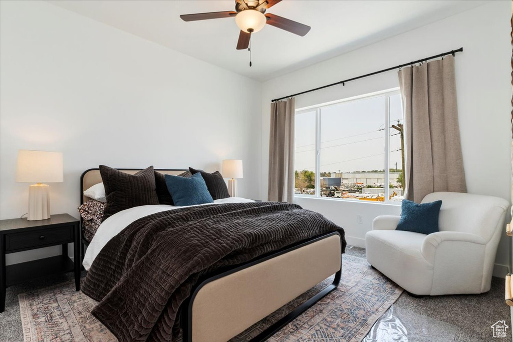 Bedroom with carpet floors and ceiling fan