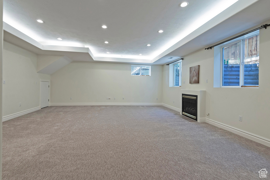 Basement with carpet