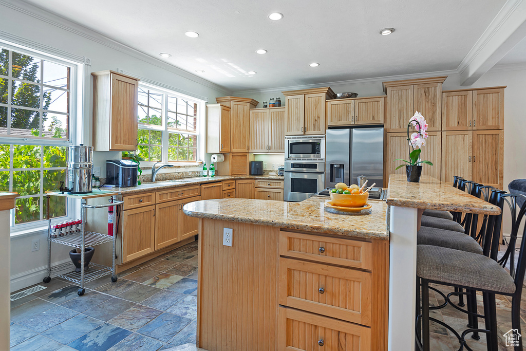 Kitchen featuring appliances with stainless steel finishes, a center island, a kitchen bar, and a healthy amount of sunlight