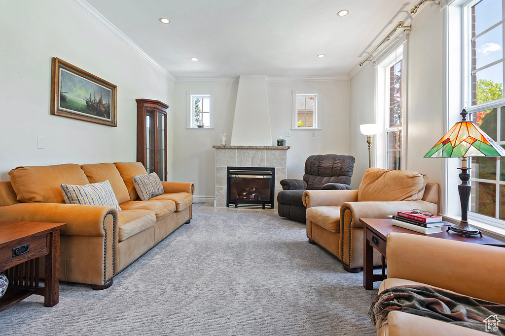 Carpeted living room featuring a tiled fireplace and ornamental molding