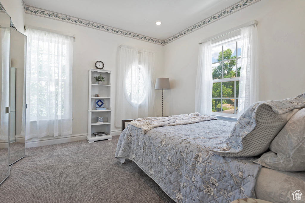 Bedroom featuring carpet floors and multiple windows