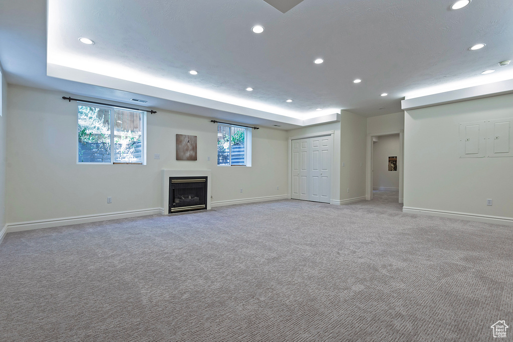 Basement featuring light carpet