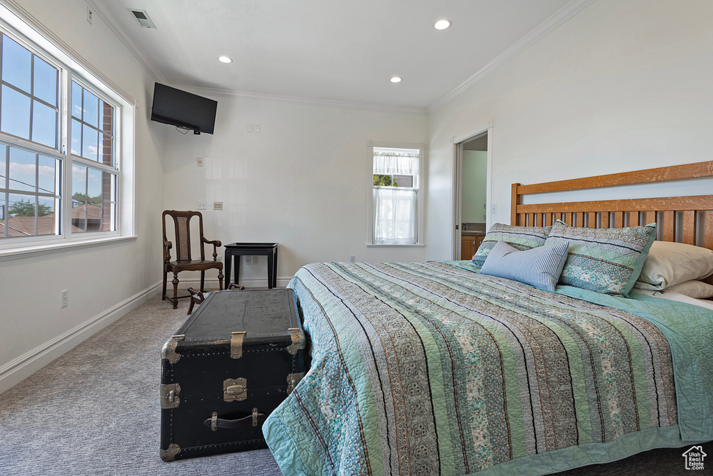 Bedroom featuring multiple windows, carpet, and crown molding