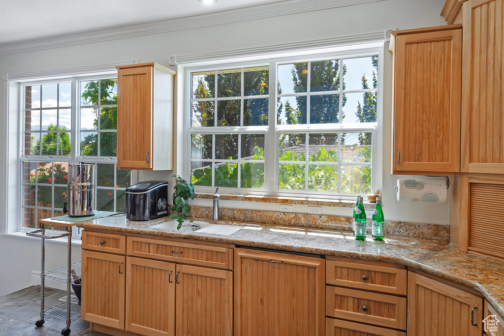 Kitchen featuring light stone countertops, crown molding, and sink