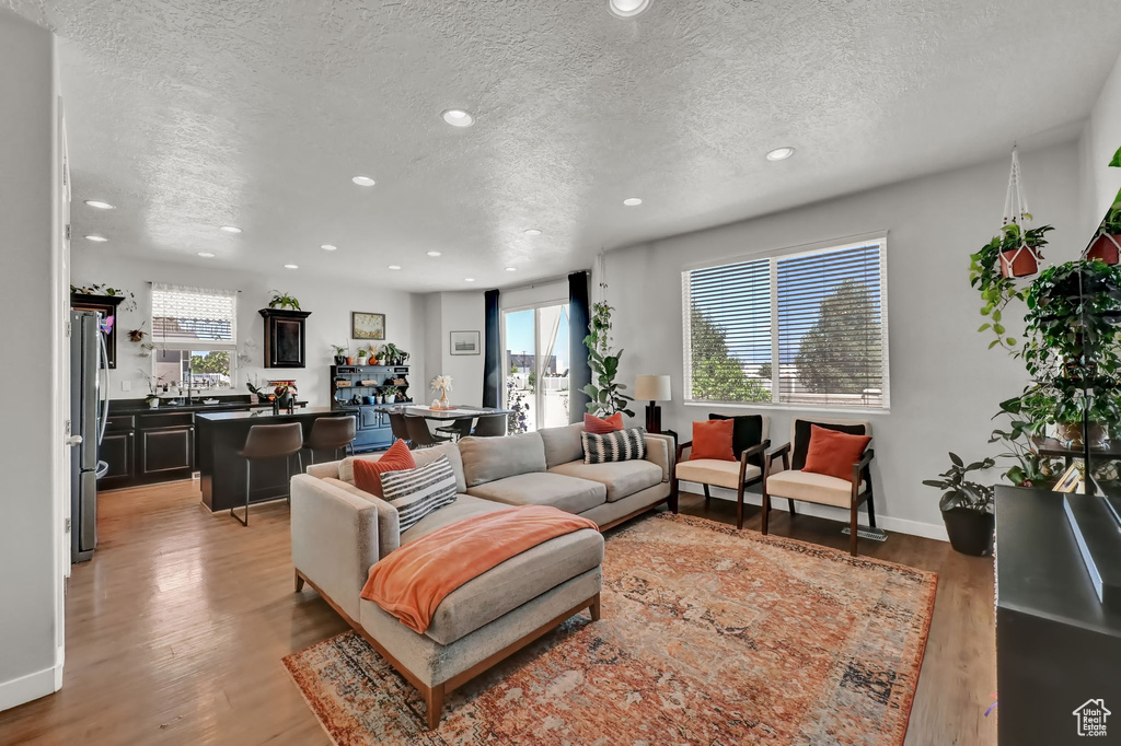 Living room featuring light hardwood / wood-style flooring and a textured ceiling