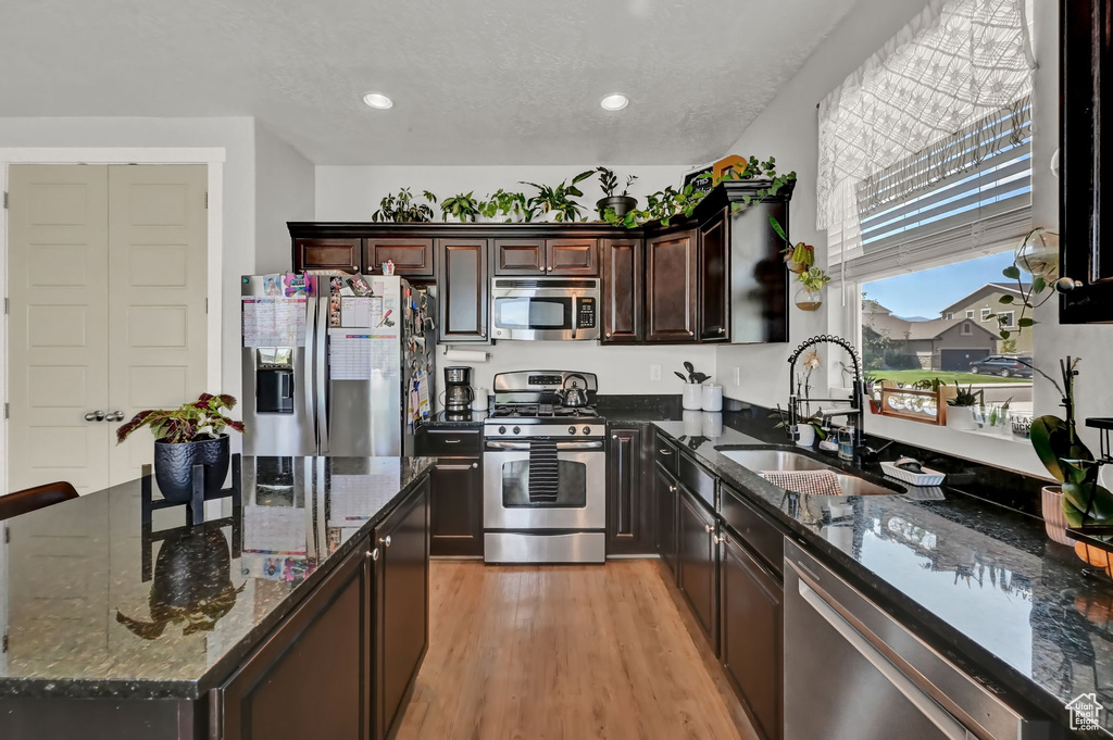 Kitchen with dark brown cabinets, dark stone counters, stainless steel appliances, light hardwood / wood-style floors, and sink