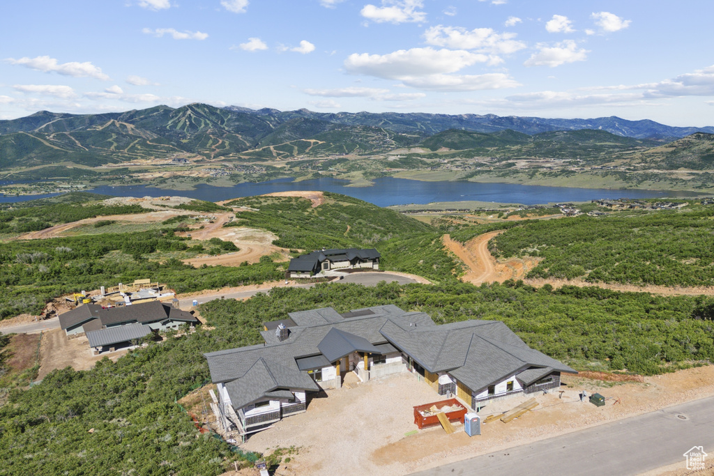 Drone / aerial view featuring a water and mountain view