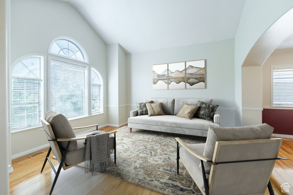 Living room featuring lofted ceiling and light wood-type flooring