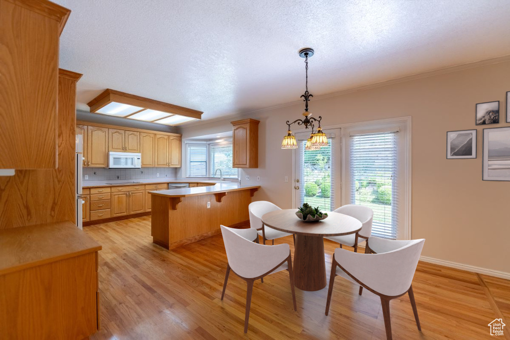 Dining space with sink, light hardwood / wood-style flooring, a wealth of natural light, and crown molding