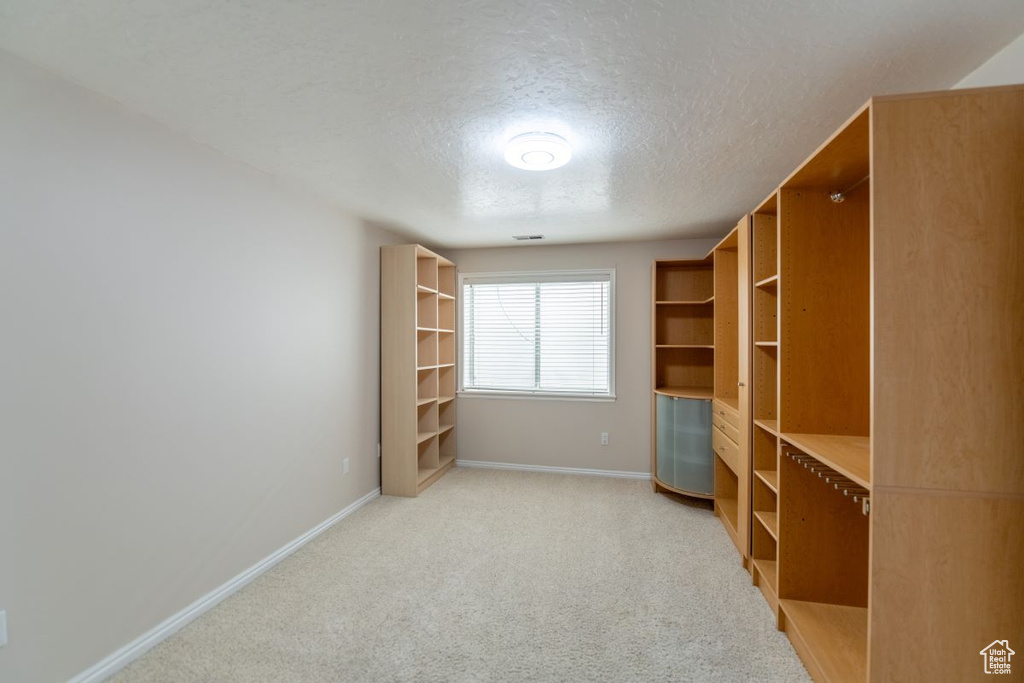 Interior space with light colored carpet and a textured ceiling