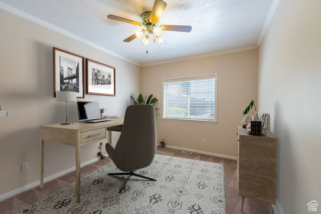 Office area featuring light hardwood / wood-style floors, a textured ceiling, ornamental molding, and ceiling fan