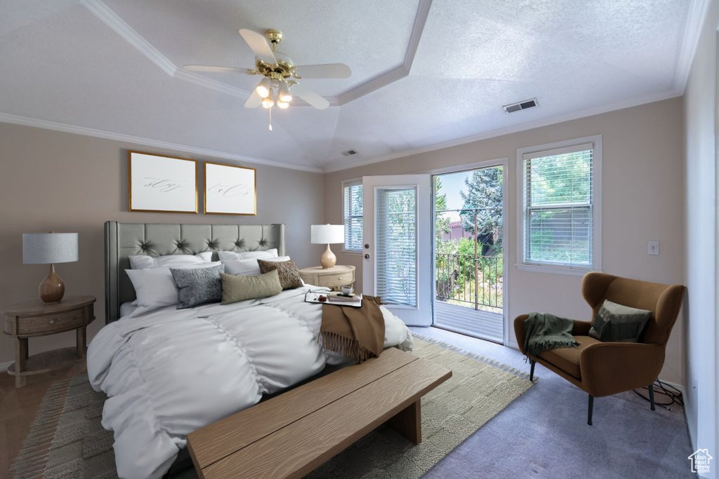 Bedroom featuring ornamental molding, ceiling fan, and access to exterior