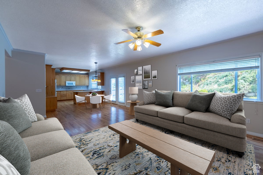 Living room with ceiling fan and wood-type flooring