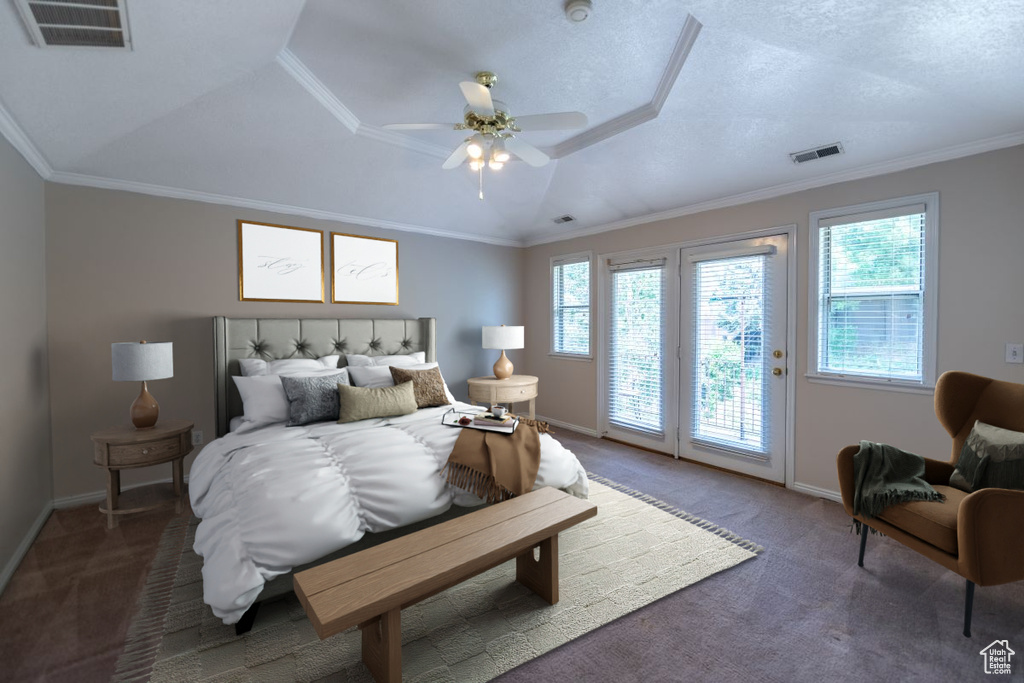 Bedroom featuring ceiling fan, crown molding, carpet flooring, access to outside, and a raised ceiling