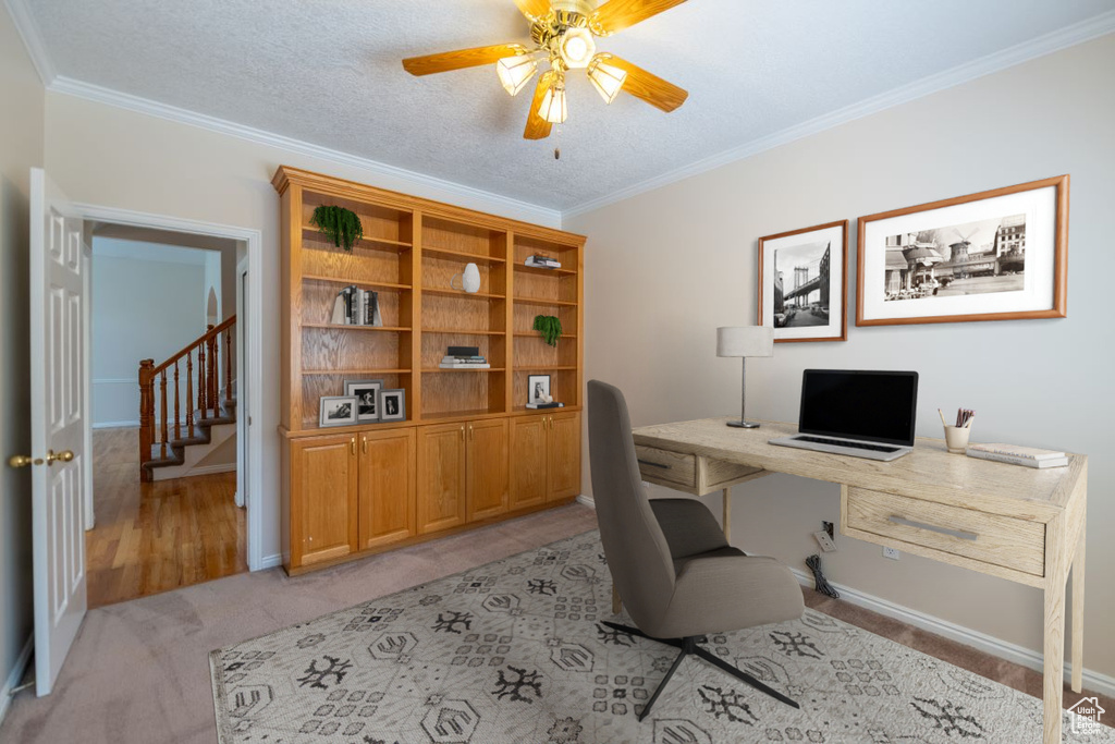 Home office with ceiling fan, light carpet, a textured ceiling, and ornamental molding