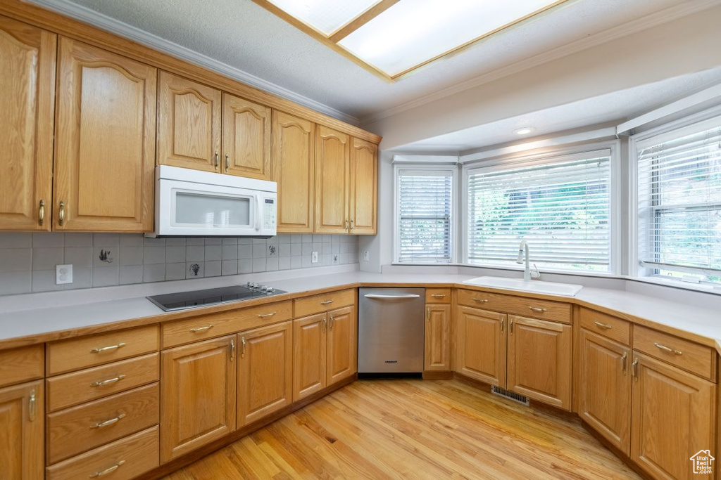 Kitchen featuring sink, decorative backsplash, dishwasher, and light hardwood / wood-style floors