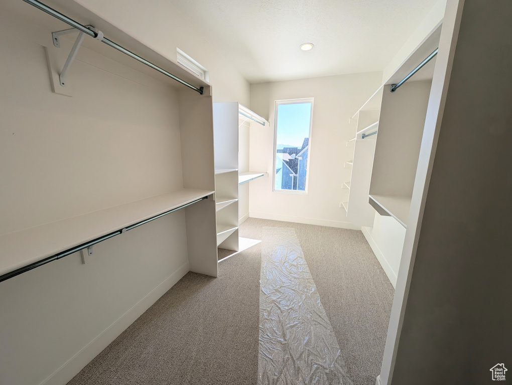 Walk in closet with light colored carpet